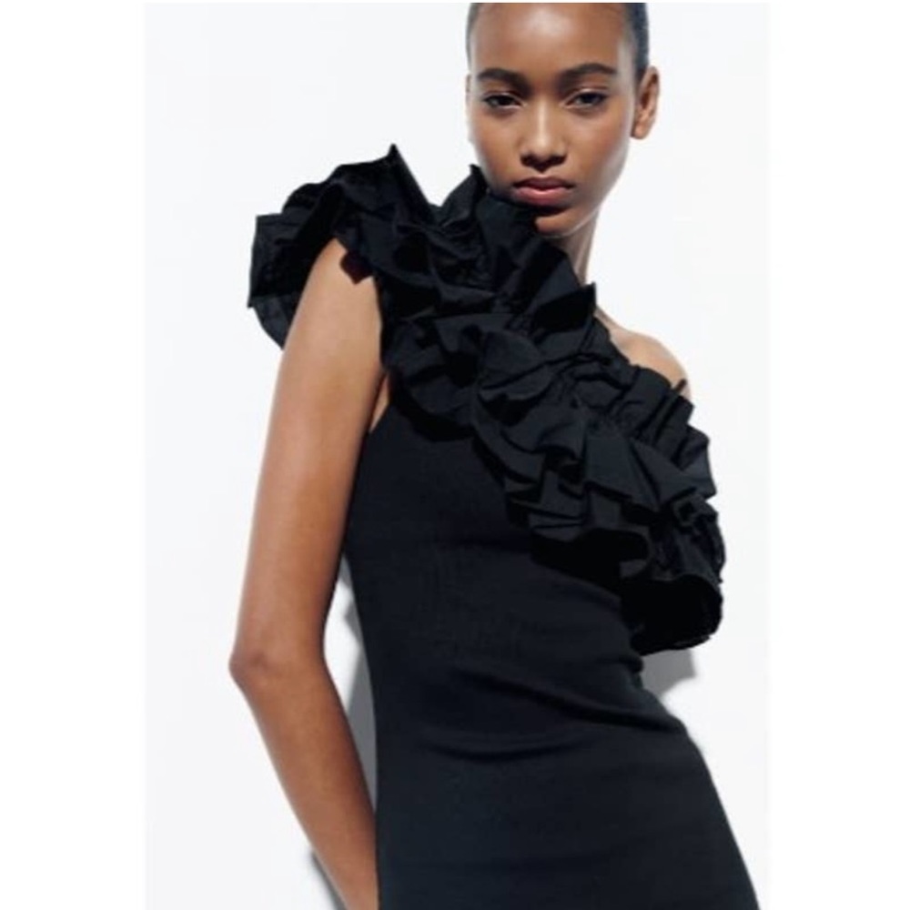 Zara Black Asymmetrical Ruffle Neckline Ribbed Mini Dress - Picture 9 of 16